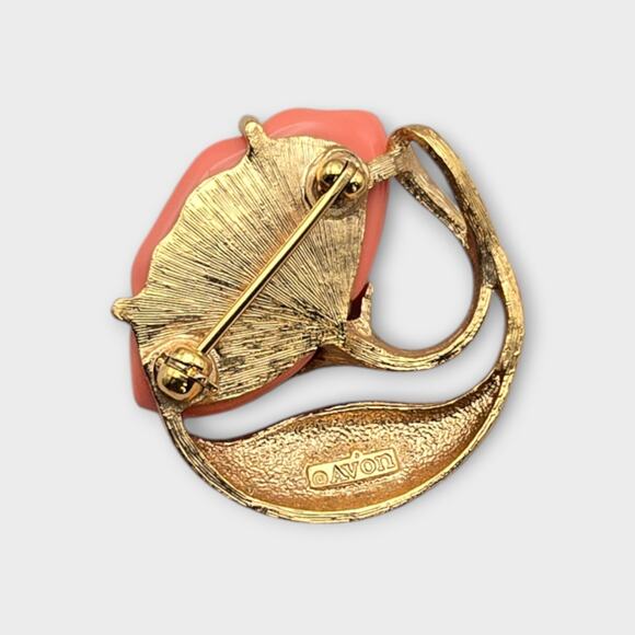 Vintage Avon Coral Rose Flower Brooch Gold Tone with Leaf Accent - Picture 3 of 6